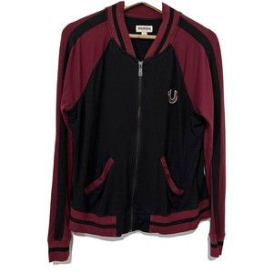True Religion Graphic Print Full Zip Size Large Maroon Red Pockets Sweatshirt